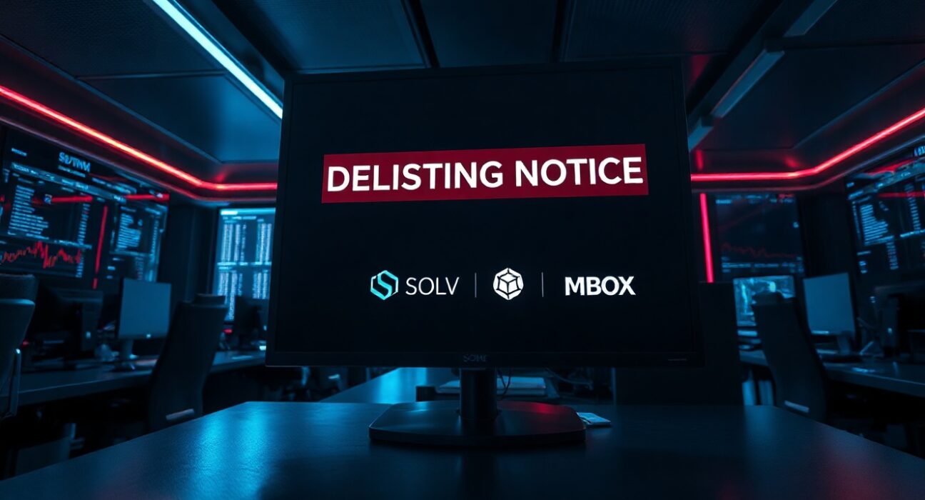 Bybit exchange delisting notice for SOLV, MLN, and MBOX perpetual futures on a trading screen.