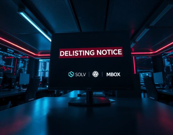 Bybit exchange delisting notice for SOLV, MLN, and MBOX perpetual futures on a trading screen.