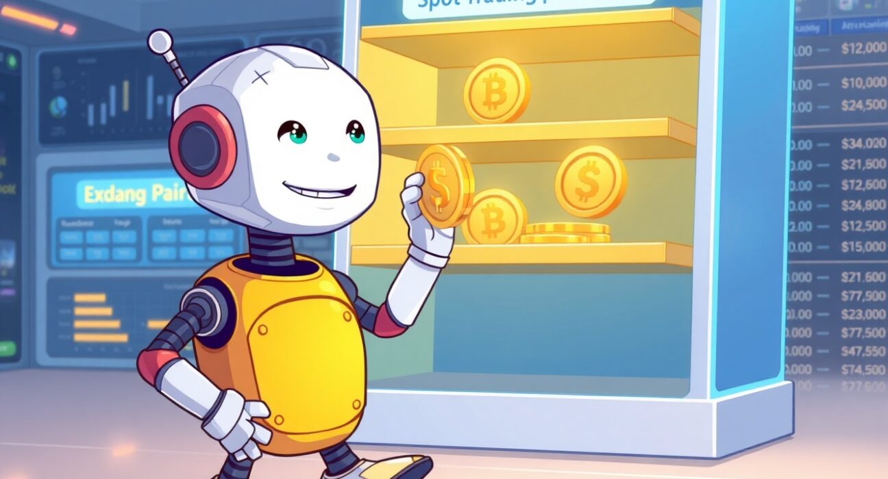 A cartoon robot delisting cryptocurrency coins on the Bybit exchange platform.