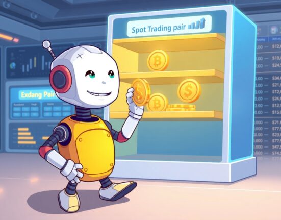 A cartoon robot delisting cryptocurrency coins on the Bybit exchange platform.