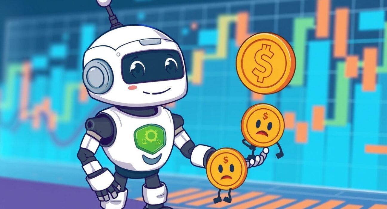 Cartoon illustration of Bybit delisting process showing digital coins being removed from exchange platform