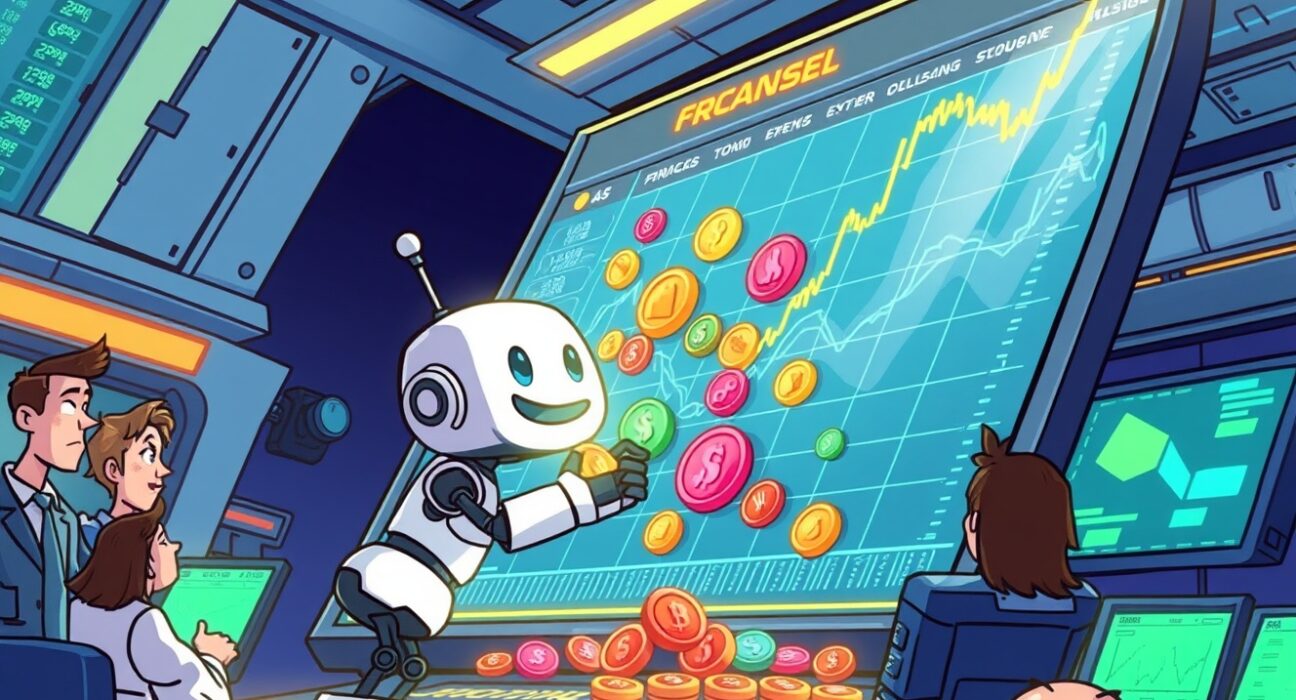 Cartoon illustration of the Bybit delisting process showing tokens being removed from a digital exchange trading board.