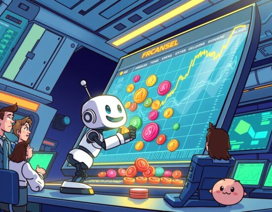 Cartoon illustration of the Bybit delisting process showing tokens being removed from a digital exchange trading board.