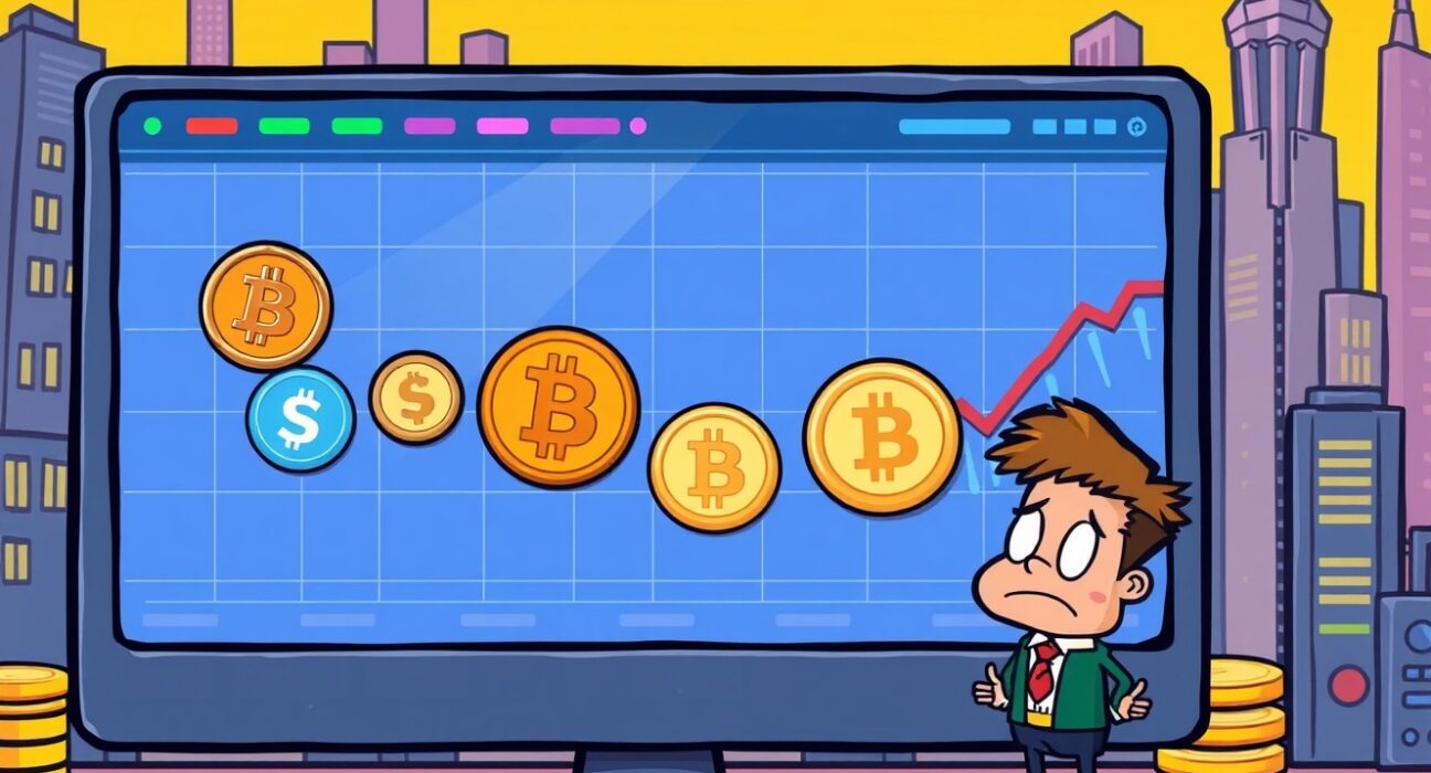 A cartoon illustration depicting the impact of a Bybit delisting on cryptocurrency trading pairs, showing icons fading.