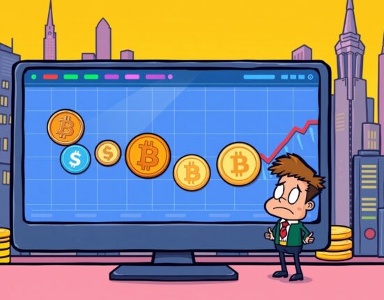 A cartoon illustration depicting the impact of a Bybit delisting on cryptocurrency trading pairs, showing icons fading.