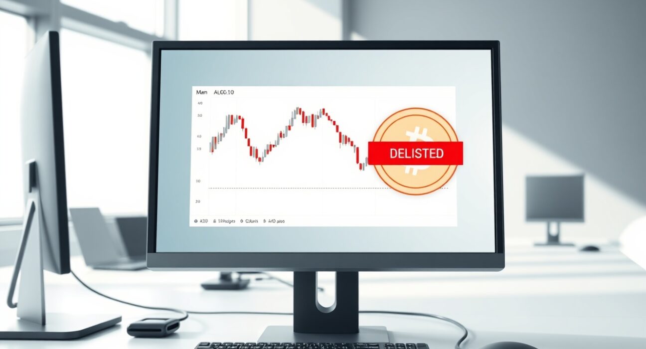 Bybit exchange interface showing ALGO/BTC trading pair delisting notification on professional monitor