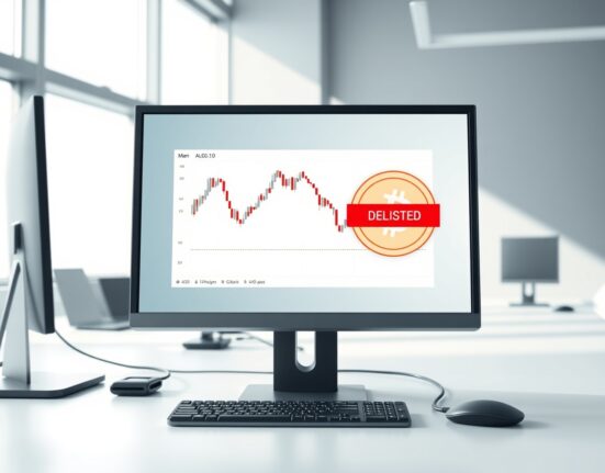 Bybit exchange interface showing ALGO/BTC trading pair delisting notification on professional monitor