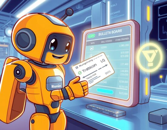 Cartoon illustration of a cryptocurrency exchange delisting the GALA/USDC spot trading pair from its digital platform.