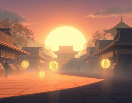 Conceptual Ghibli-style art representing the Bybit delisting of four cryptocurrency tokens from trading.