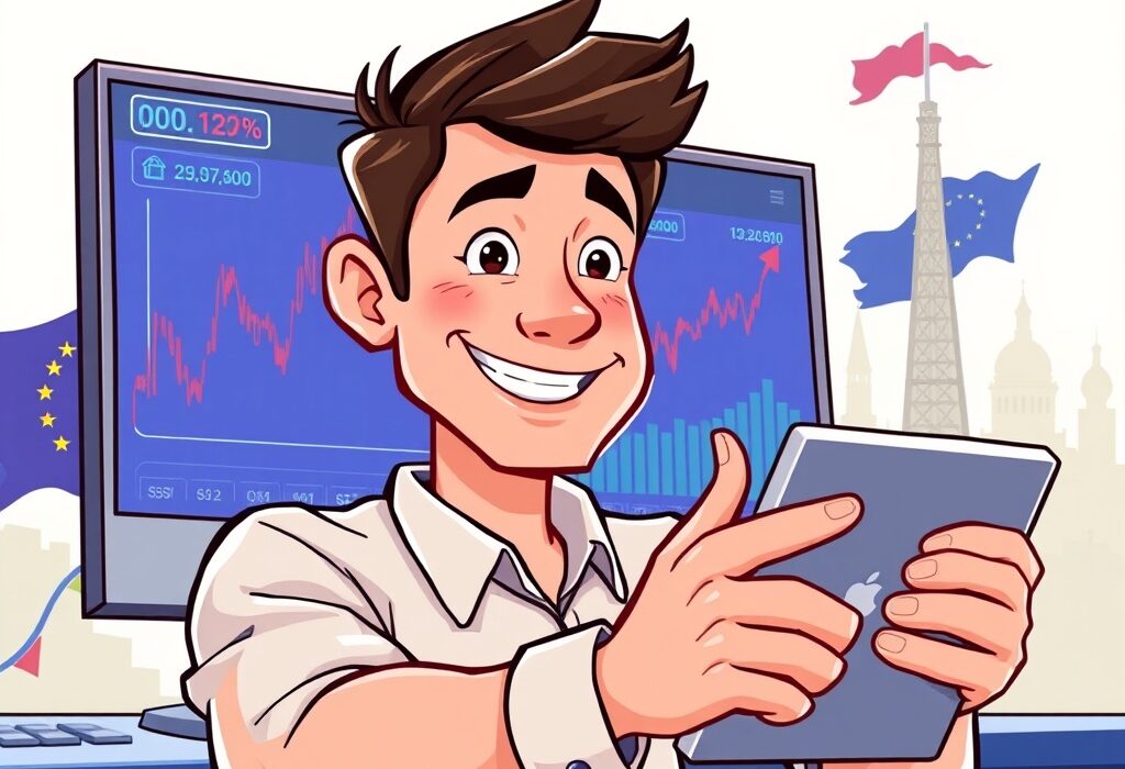 A cartoon character confidently engaging in Bybit EU spot margin trading on a secure platform, symbolizing compliant crypto leverage.