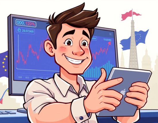 A cartoon character confidently engaging in Bybit EU spot margin trading on a secure platform, symbolizing compliant crypto leverage.