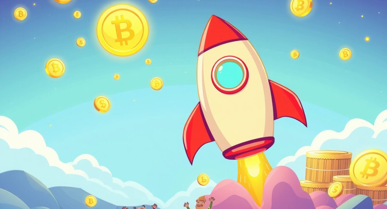 Bybit GAIB listing celebration with rocket launch and digital coins