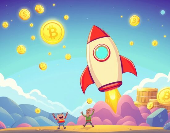 Bybit GAIB listing celebration with rocket launch and digital coins