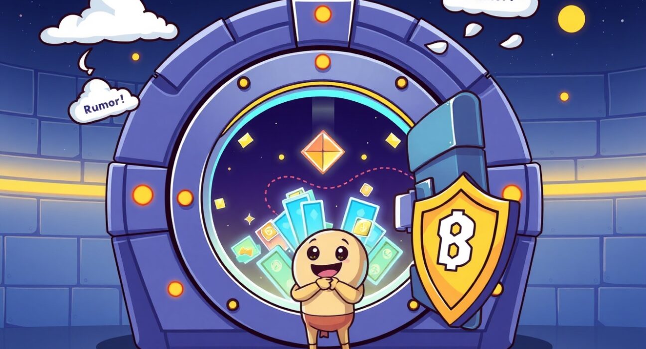 A cartoon illustration showing Bybit's strong denial of Bybit hacking rumors, emphasizing secure user assets and robust security measures.