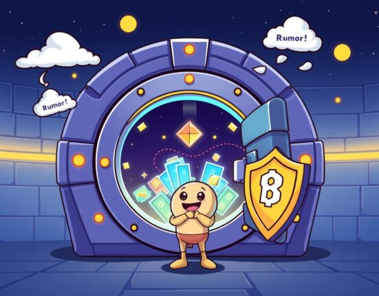 A cartoon illustration showing Bybit's strong denial of Bybit hacking rumors, emphasizing secure user assets and robust security measures.