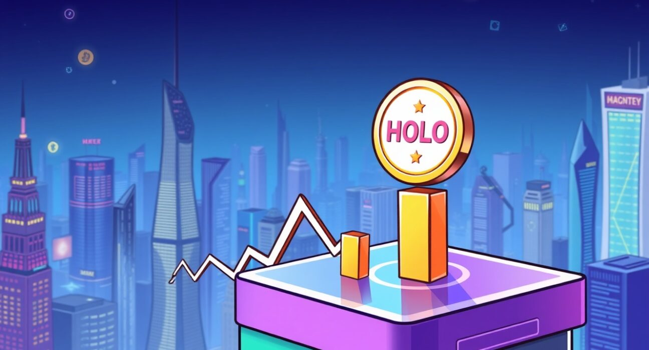A vibrant cartoon showing a new Bybit HOLO listing appearing on a crypto exchange platform, indicating growth and trading opportunities.
