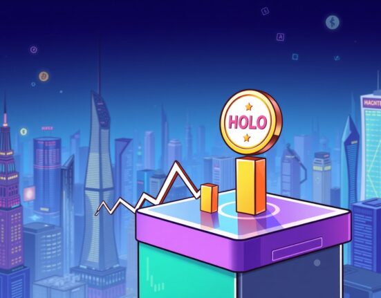 A vibrant cartoon showing a new Bybit HOLO listing appearing on a crypto exchange platform, indicating growth and trading opportunities.
