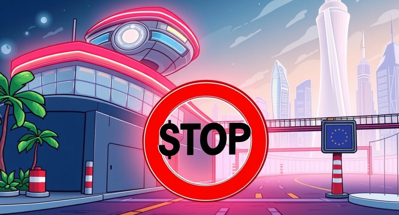 A cartoon illustration showing a digital gateway closing, symbolizing the Bybit Japan suspension for new users due to regulatory changes.