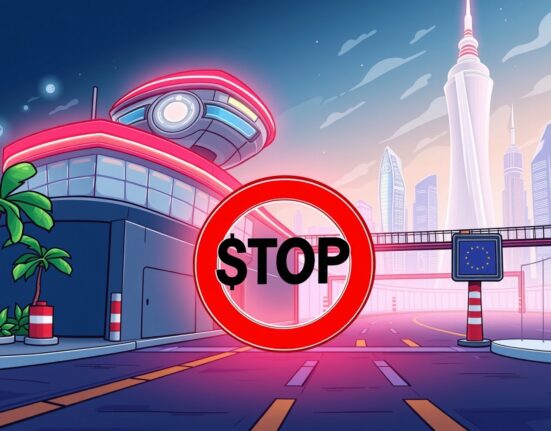 A cartoon illustration showing a digital gateway closing, symbolizing the Bybit Japan suspension for new users due to regulatory changes.