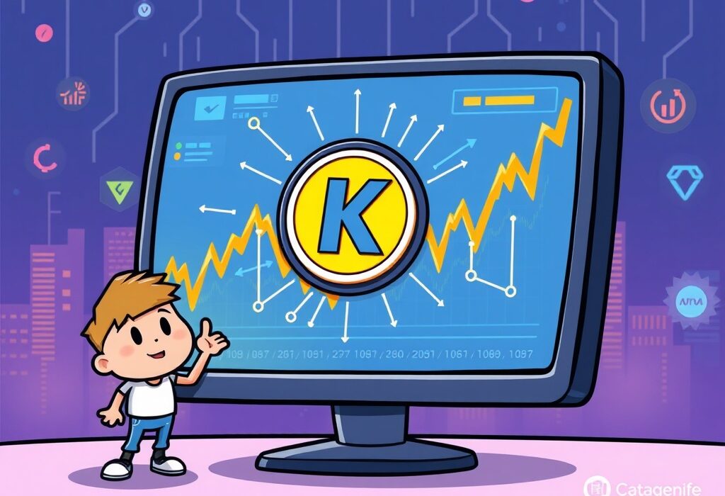 A cartoon illustration showing a digital screen displaying the Bybit K/USDT listing, symbolizing new trading opportunities in crypto.