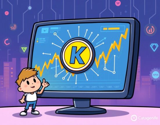 A cartoon illustration showing a digital screen displaying the Bybit K/USDT listing, symbolizing new trading opportunities in crypto.