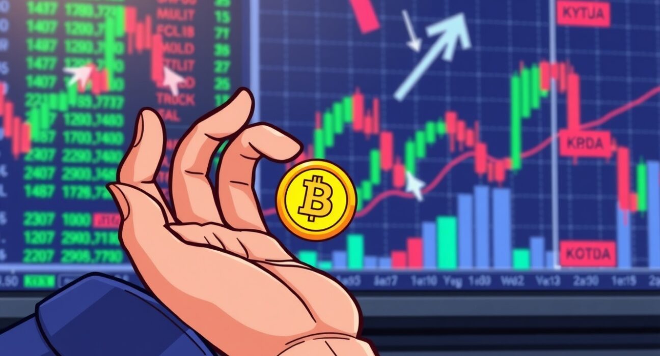 A cartoon image illustrating the Bybit KDA delisting, showing a coin being removed from a trading platform, signaling changes for traders.