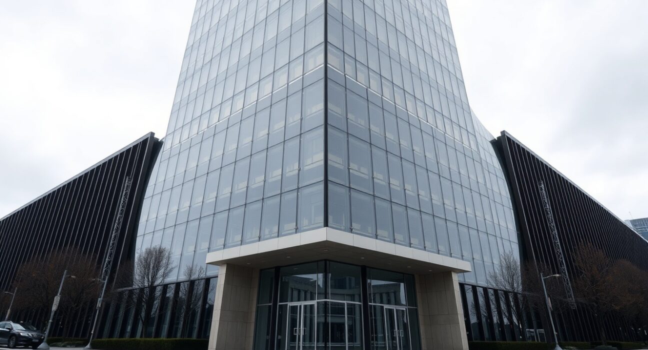 Modern cryptocurrency exchange headquarters under overcast sky, representing Bybit legal action