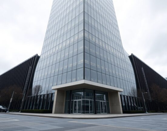 Modern cryptocurrency exchange headquarters under overcast sky, representing Bybit legal action