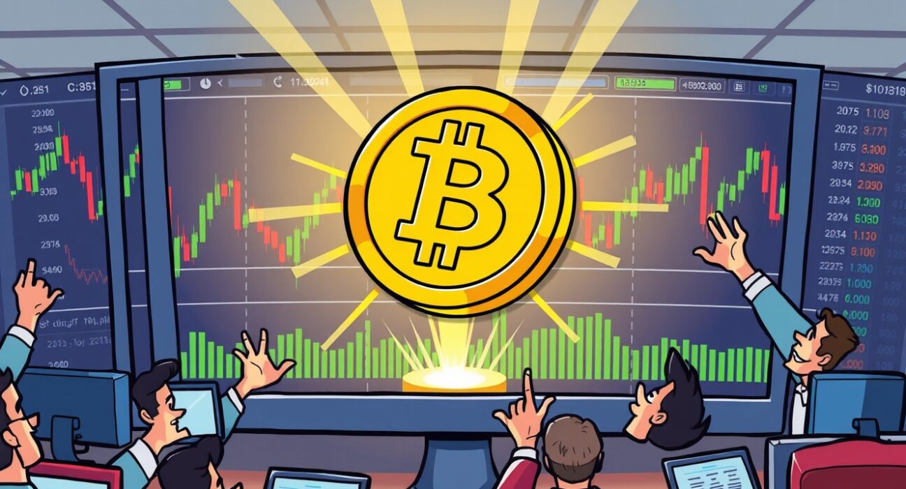 A cartoon illustration showing the excitement around the Bybit LBTC listing on a trading platform, symbolizing new opportunities.