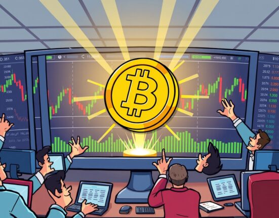 A cartoon illustration showing the excitement around the Bybit LBTC listing on a trading platform, symbolizing new opportunities.