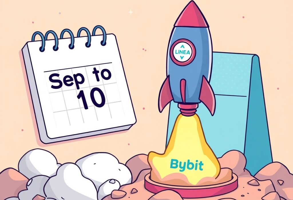A vibrant cartoon depicting the highly anticipated LINEA listing on Bybit, symbolizing growth and new opportunities in the crypto space.