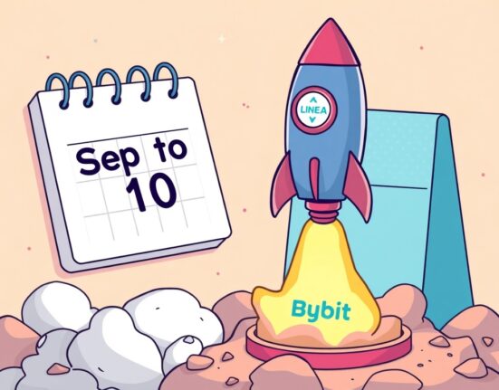 A vibrant cartoon depicting the highly anticipated LINEA listing on Bybit, symbolizing growth and new opportunities in the crypto space.