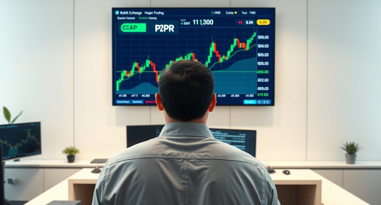 Trader analyzing CAP token chart on Bybit exchange screen in modern office
