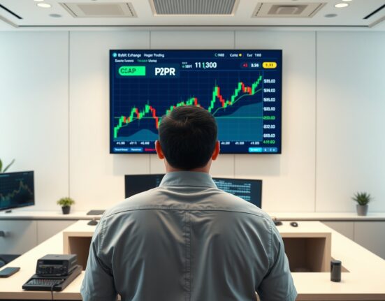 Trader analyzing CAP token chart on Bybit exchange screen in modern office