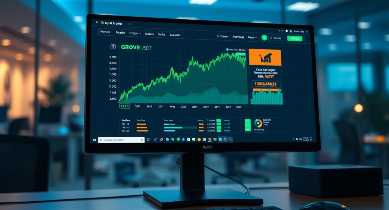 Bybit trading interface showing GROVE/USDT pair with green price chart on a modern desk