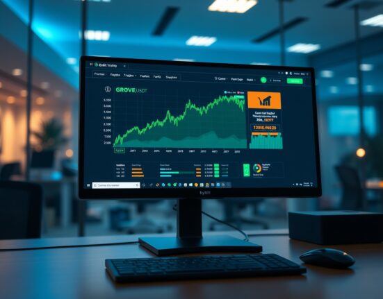 Bybit trading interface showing GROVE/USDT pair with green price chart on a modern desk