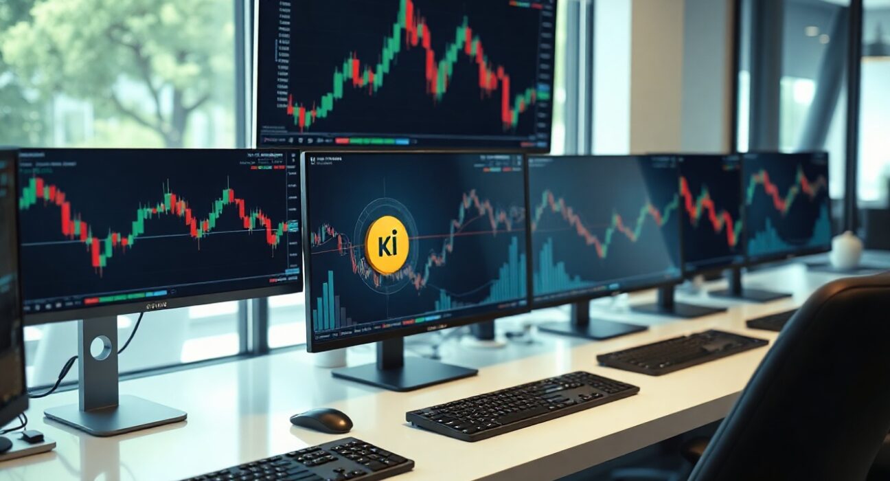 Cryptocurrency trading screens with KII token chart on a desk