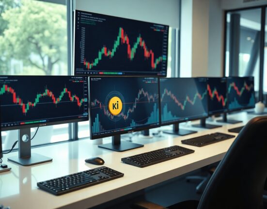 Cryptocurrency trading screens with KII token chart on a desk