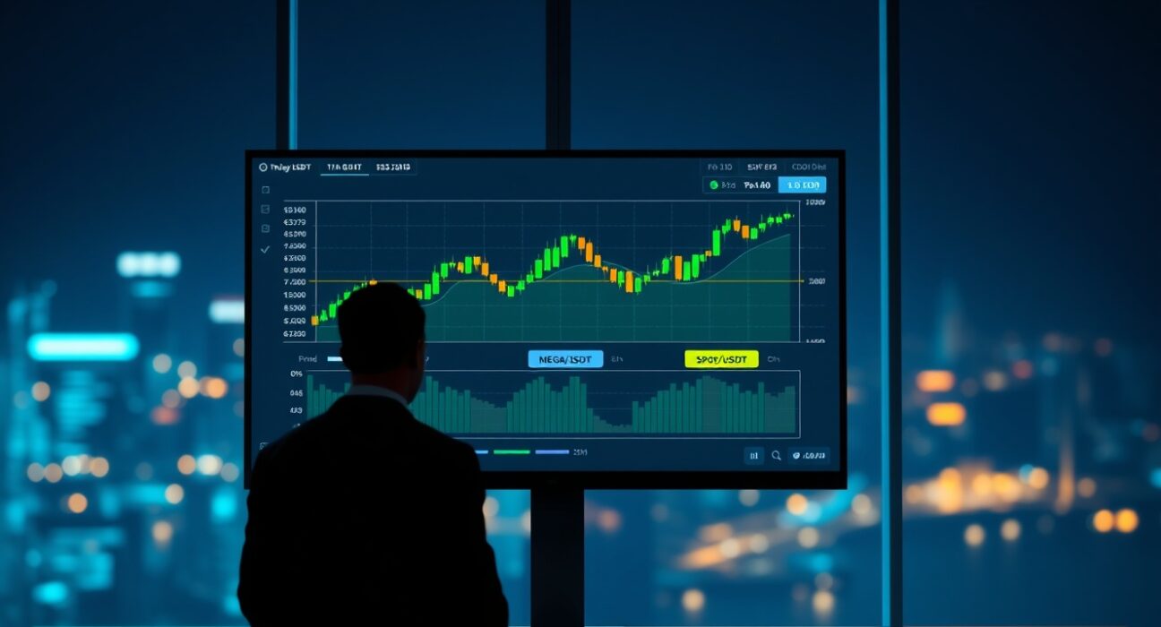 Bybit lists Megaether (MEGA) for spot trading on April 30, showing trading interface with MEGA/USDT pair on a monitor in a professional trading office.