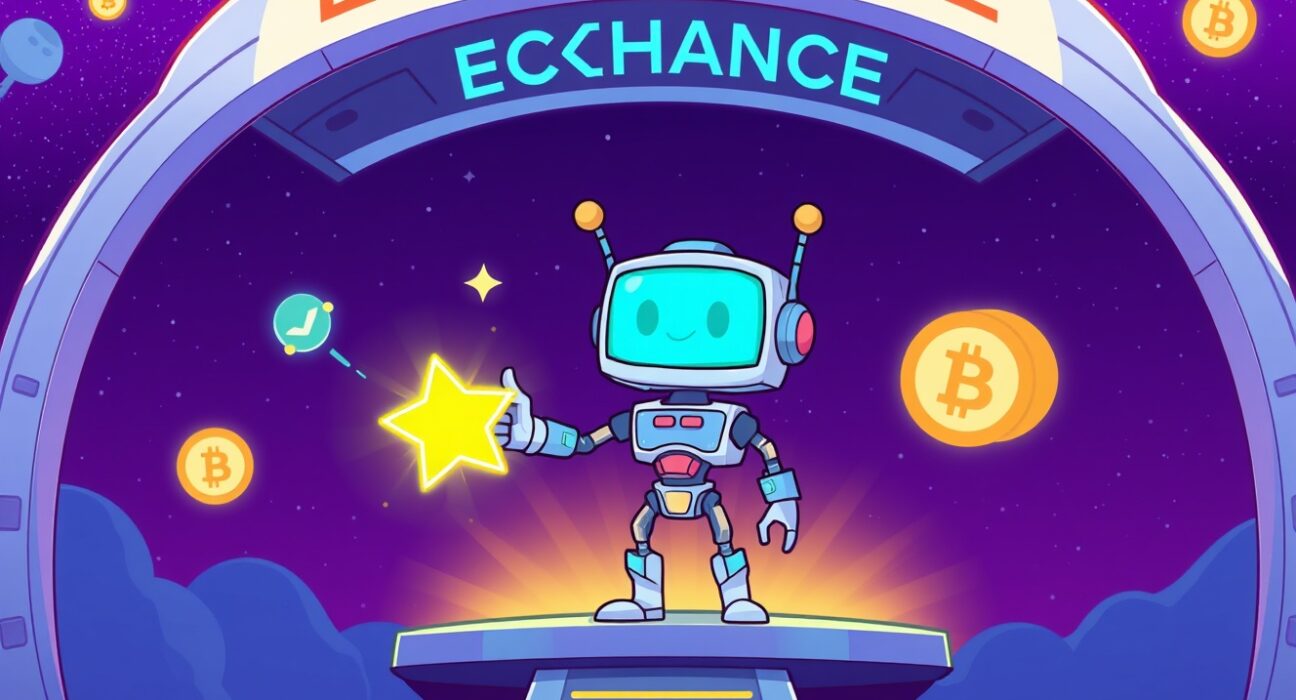 Bybit lists NIGHT token, illustrated as a friendly robot launching a star-shaped crypto token from a digital exchange.