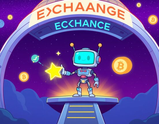 Bybit lists NIGHT token, illustrated as a friendly robot launching a star-shaped crypto token from a digital exchange.