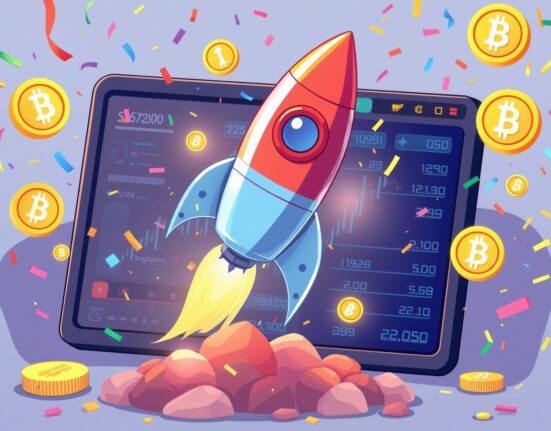 Bybit LITKEY listing celebration with rocket launch and crypto symbols