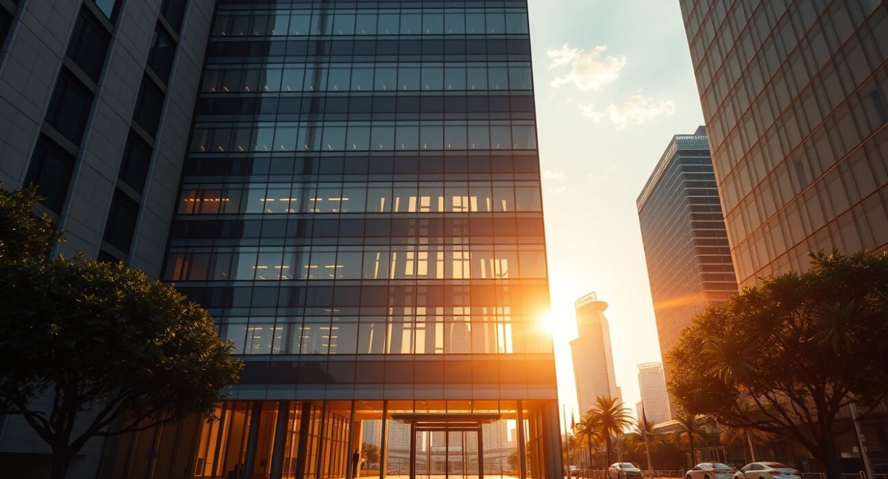 Singapore financial district skyline with modern office buildings under golden hour sunlight