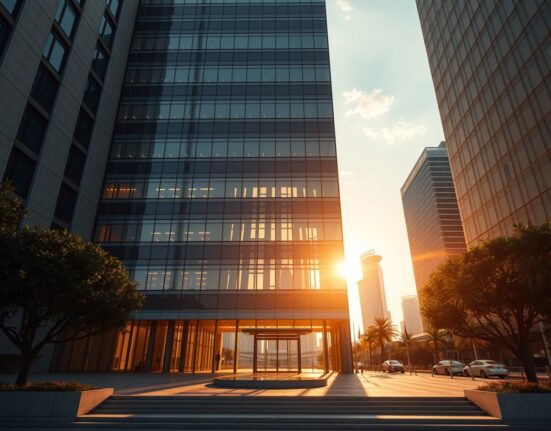 Singapore financial district skyline with modern office buildings under golden hour sunlight