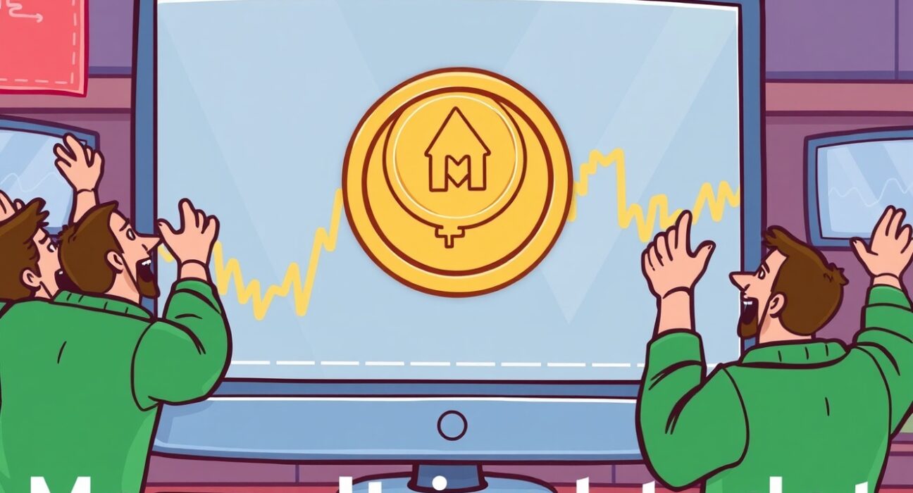 A cartoon illustration of a new coin, Momentum (MMT), being listed on a trading platform, symbolizing the exciting Bybit MMT listing.