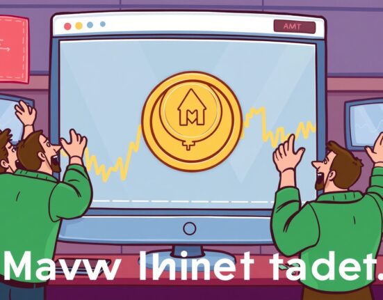 A cartoon illustration of a new coin, Momentum (MMT), being listed on a trading platform, symbolizing the exciting Bybit MMT listing.