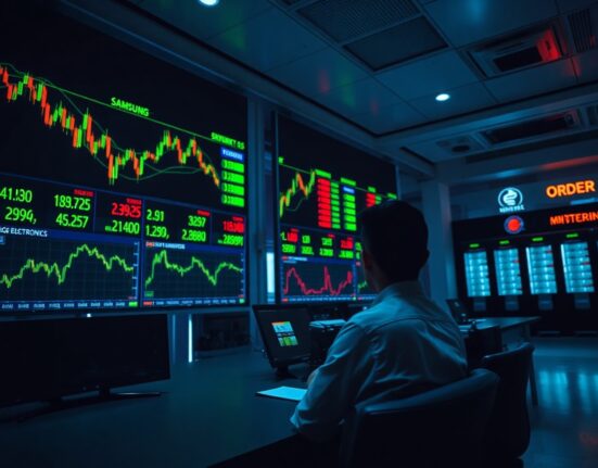 Trader monitors showing perpetual futures charts for Samsung, SK Hynix, and Hyundai Motor on Bybit platform