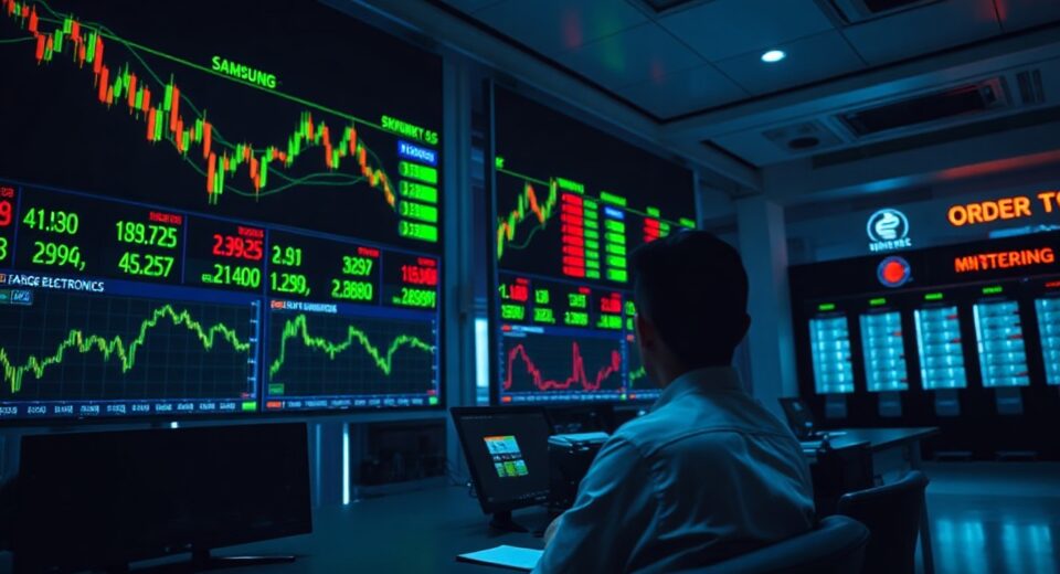 Trader monitors showing perpetual futures charts for Samsung, SK Hynix, and Hyundai Motor on Bybit platform