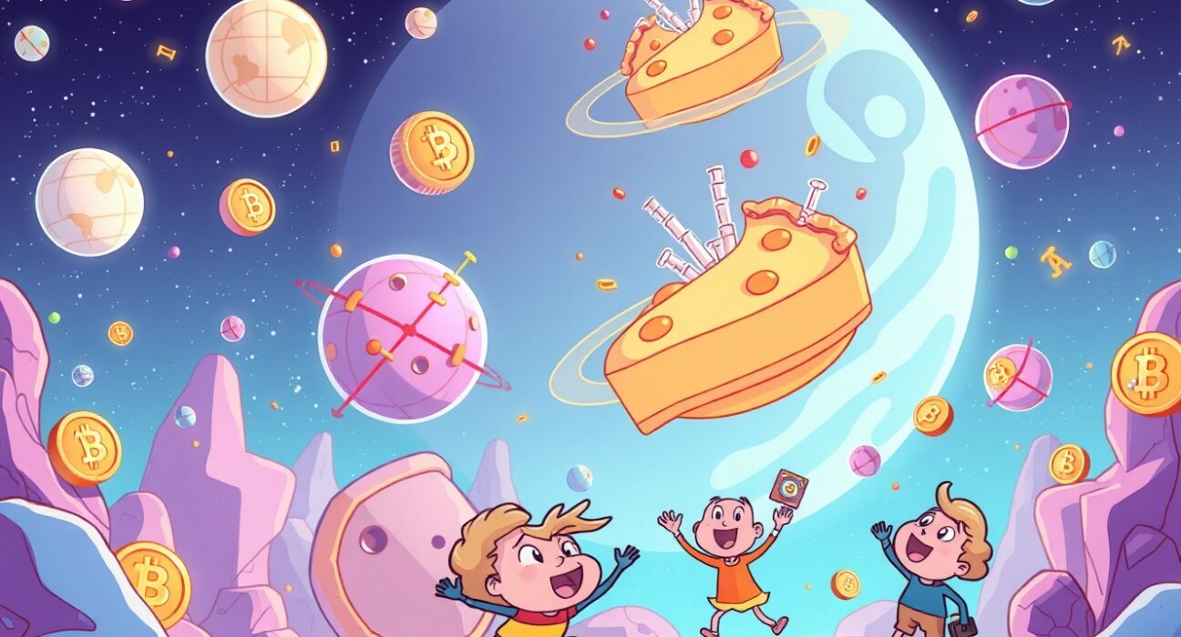 Exciting PIEVERSE listing announcement showing digital universe discovery in vibrant cartoon style