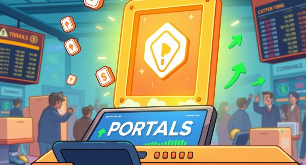 An animated illustration showing the exciting Bybit PORTALS listing, with digital tokens emerging from a portal on a trading screen.